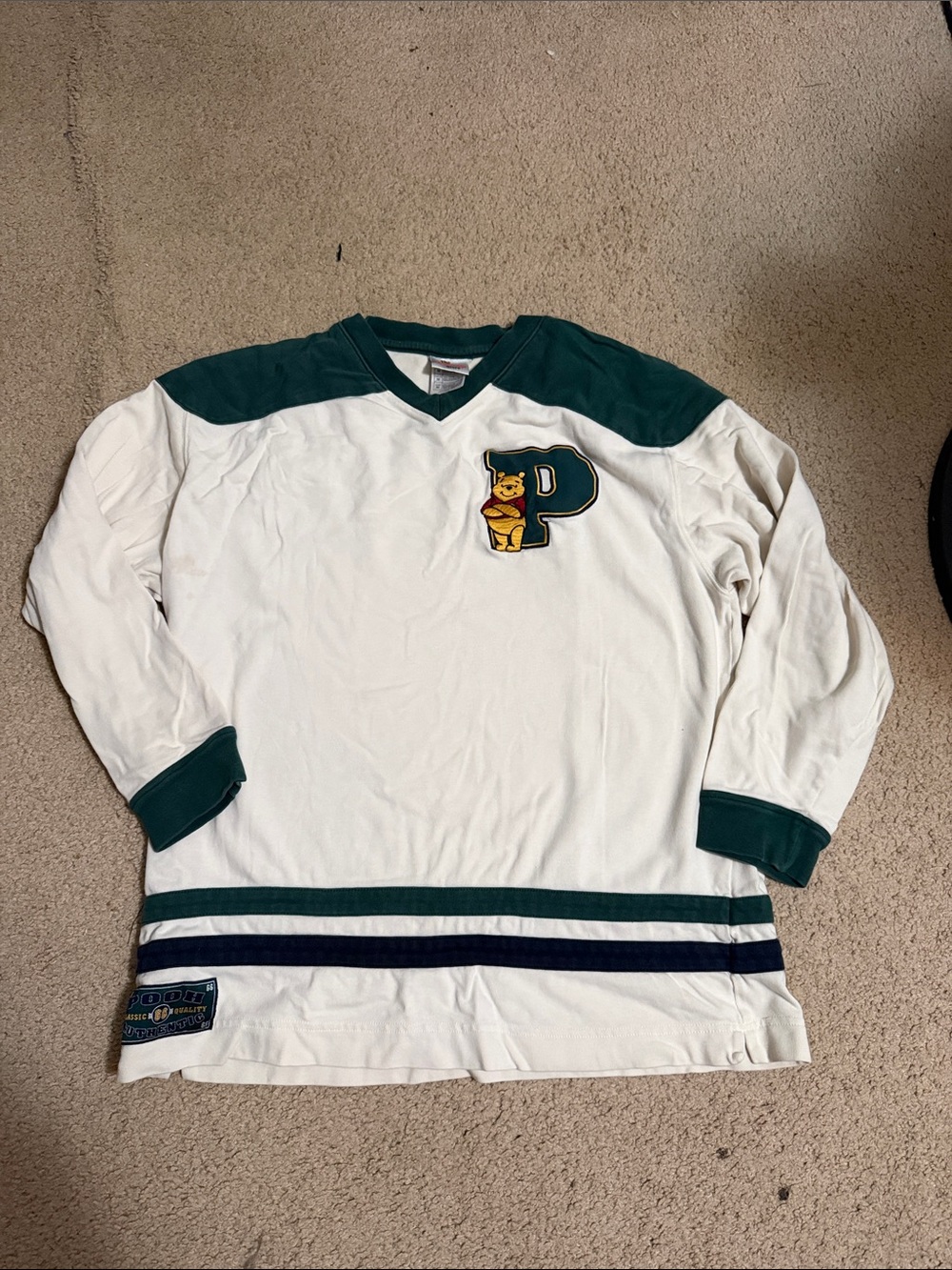 White and Green Pooh Pullover Sweater with 'P' Patch
